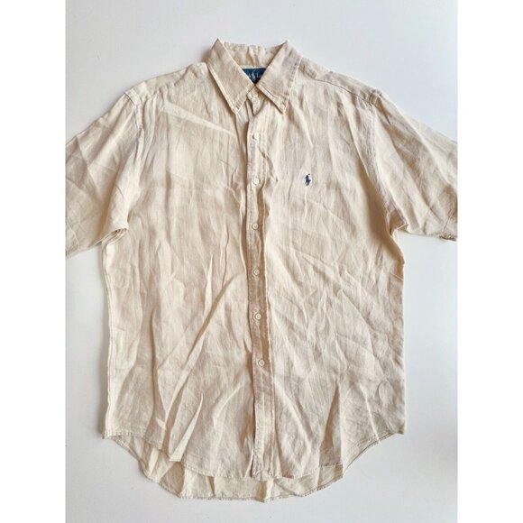 Men's RALPH LAUREN Beige Linen Classic Fit Short Sleeve Button Up Shirt, Size M - Picture 3 of 8